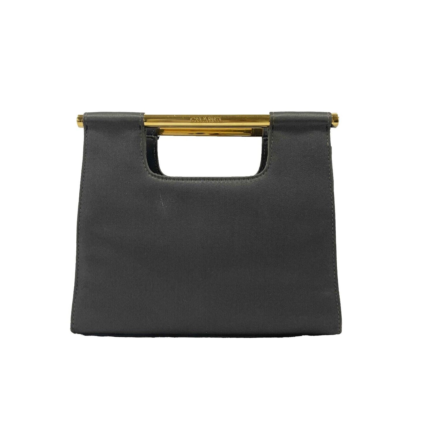 CHANEL - Vintage Satin / Leather Carry Clutch - Dark Grey / Gold Handbag