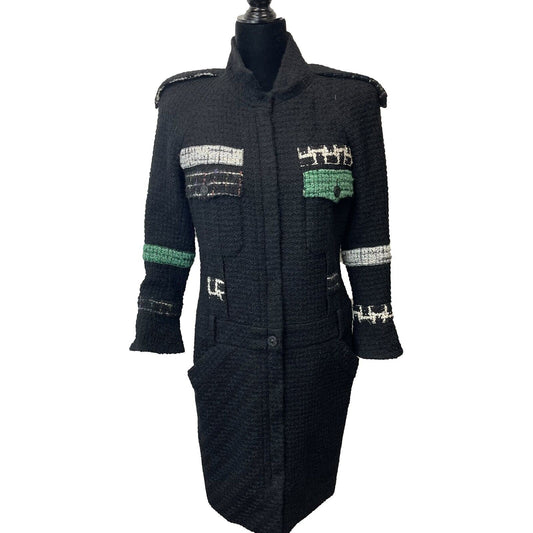 CHANEL - 09A Runway Black Tweed Boucle Coat Dress 40 US 8 - Black / Green