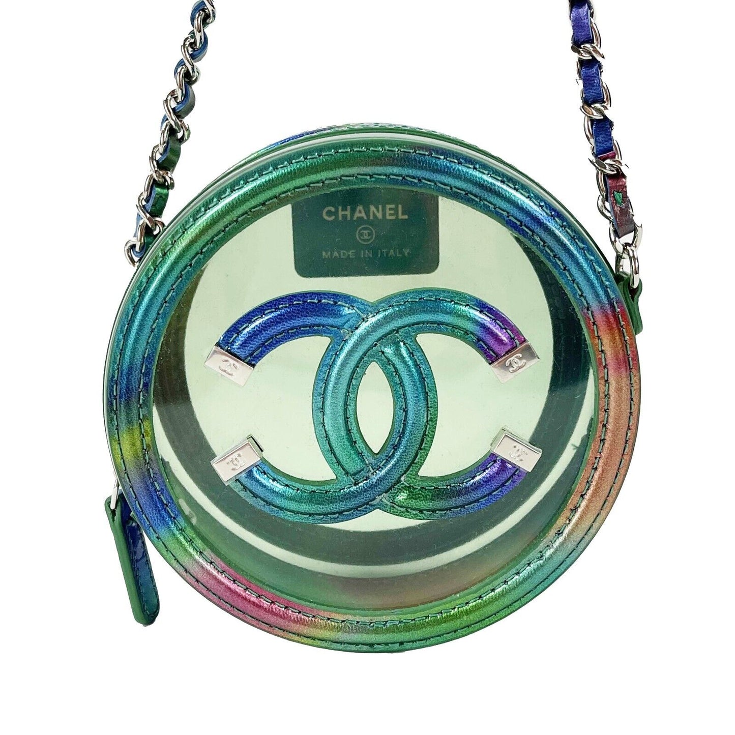 CHANEL - New w/ Tags - CC Rainbow PVC Round Mini Clutch with Chain Crossbody