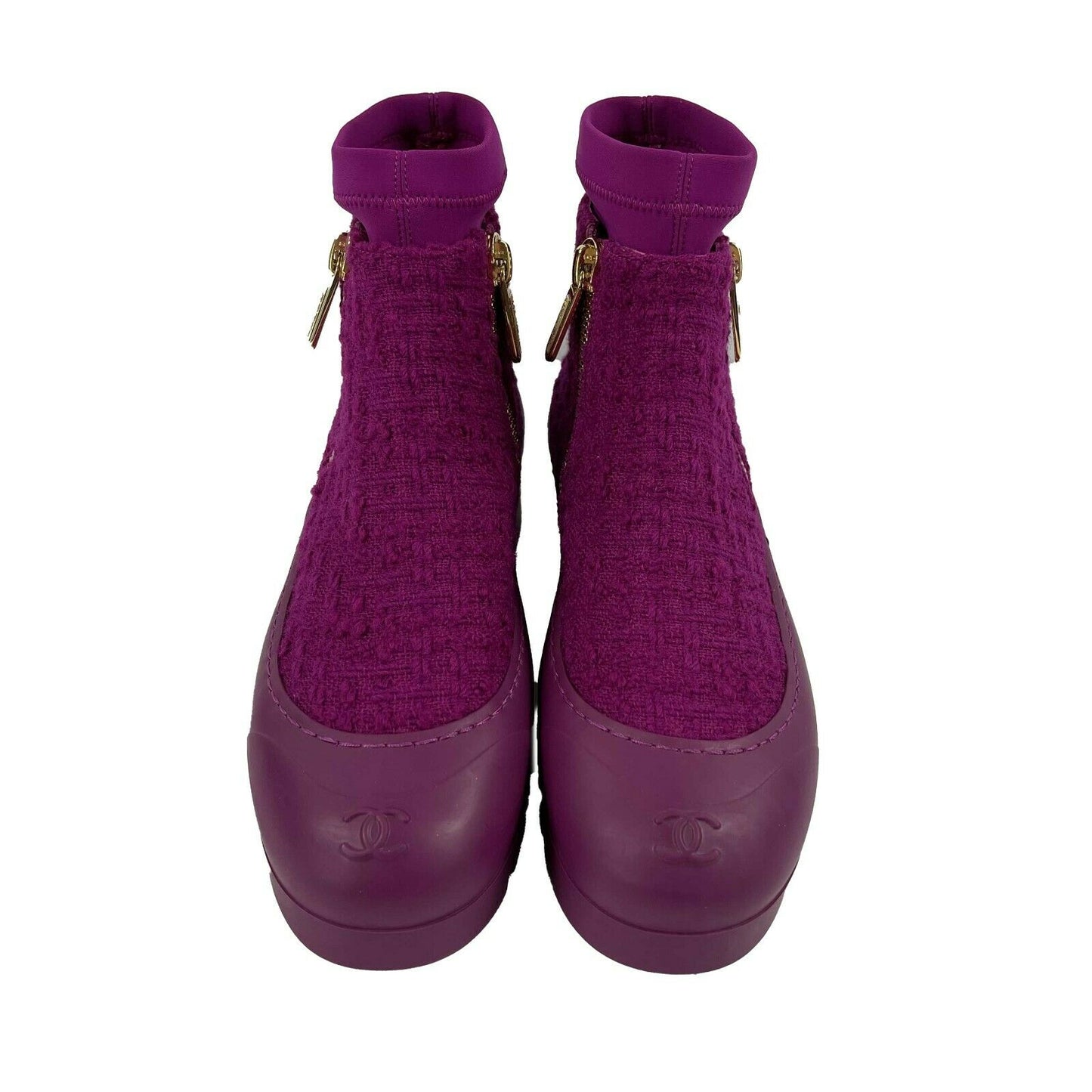 CHANEL - New w/ Tags - 2020 Magenta Tweed Rubber Boots - 37 US 7
