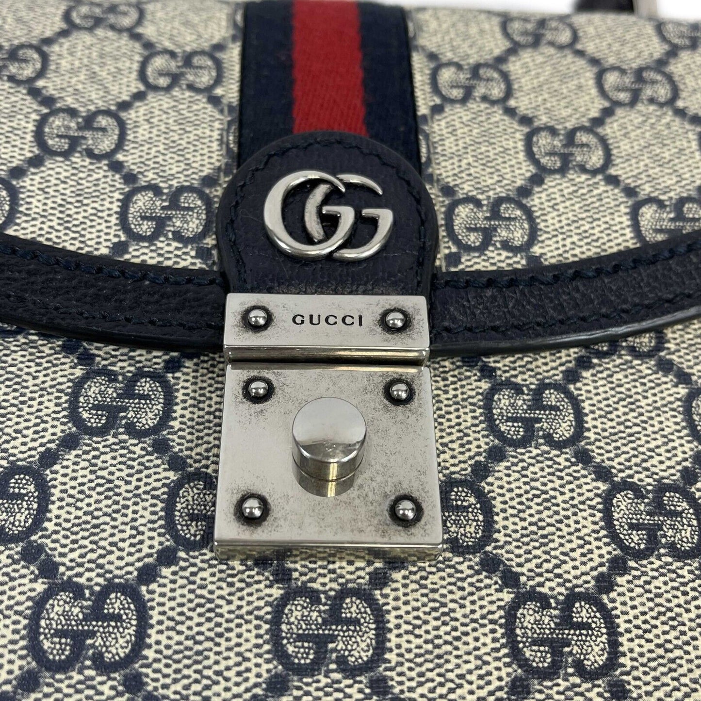 Gucci - Excellent - Ophidia GG Small Top Handle Bag - Beige and Navy Crossbody