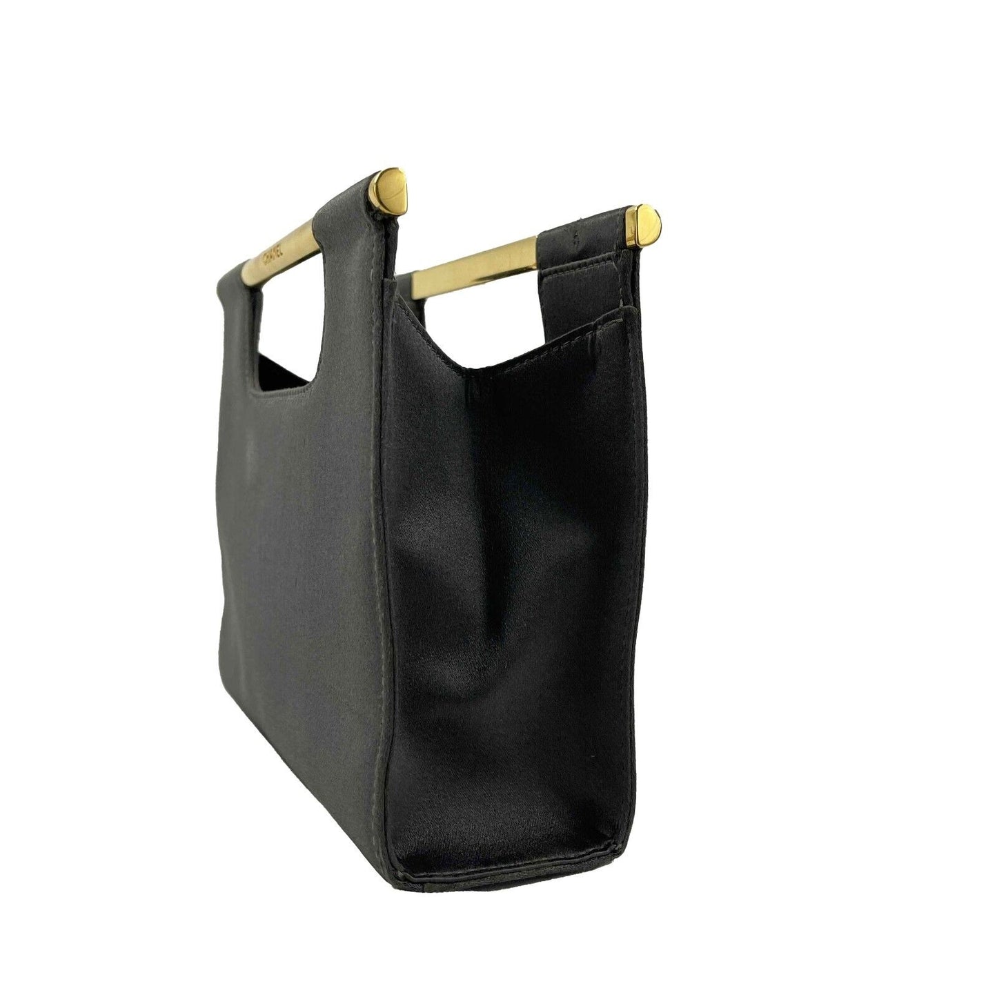 CHANEL - Vintage Satin / Leather Carry Clutch - Dark Grey / Gold Handbag