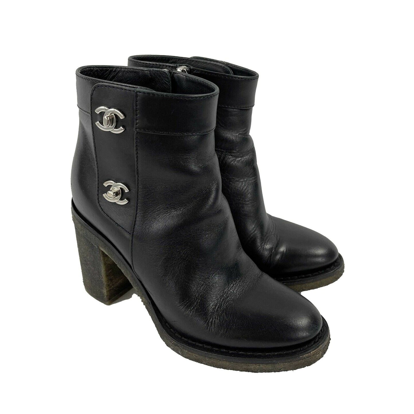 CHANEL - CC Turn Lock Ankle Leather Bootie Boots - Black / Silver - 36 US 6