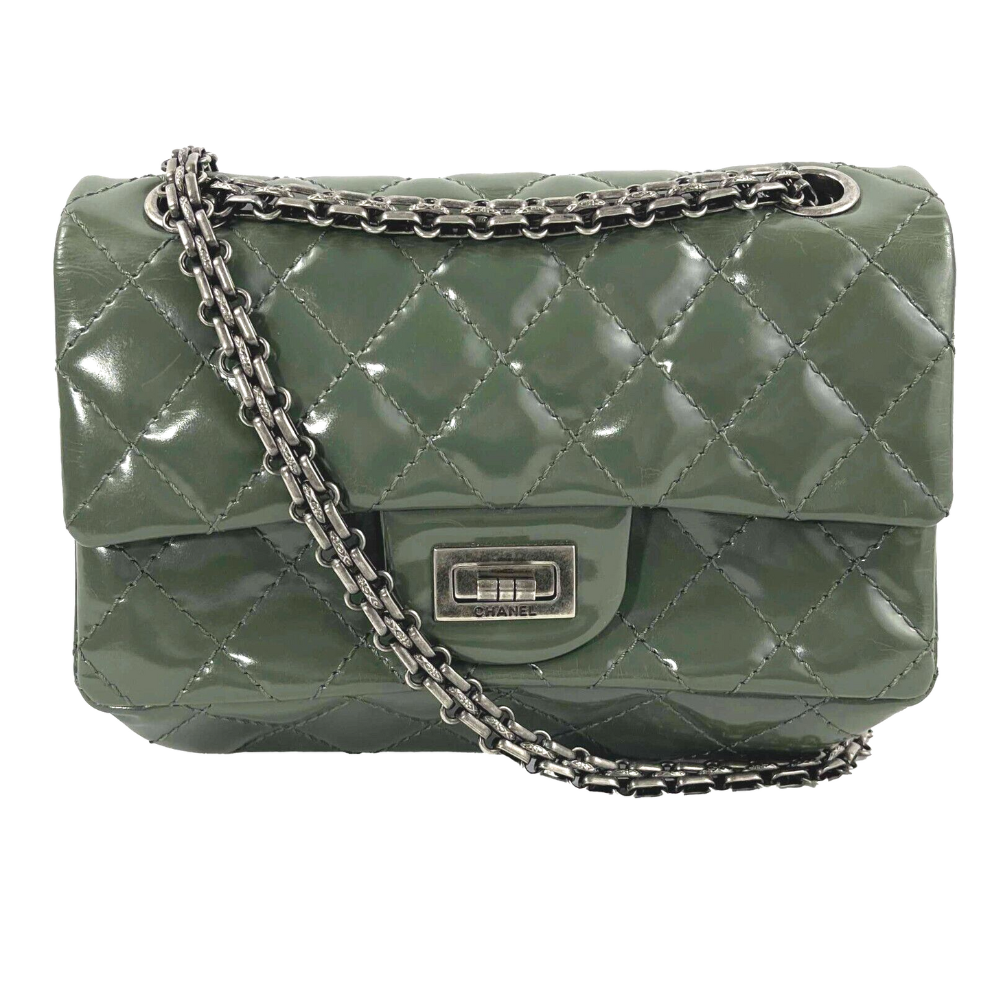 CHANEL Patent Quilted Small Accordion Reissue 2.55 Flap - Olive Green Crossbody