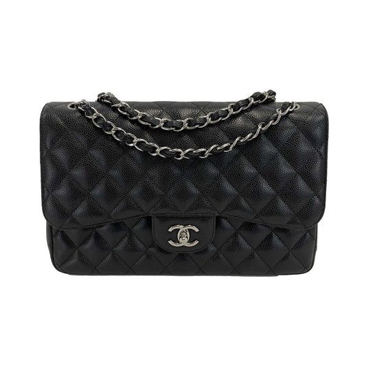 CHANEL CC Caviar Leather Jumbo Classic Double Flap Black / Silver Shoulder Bag