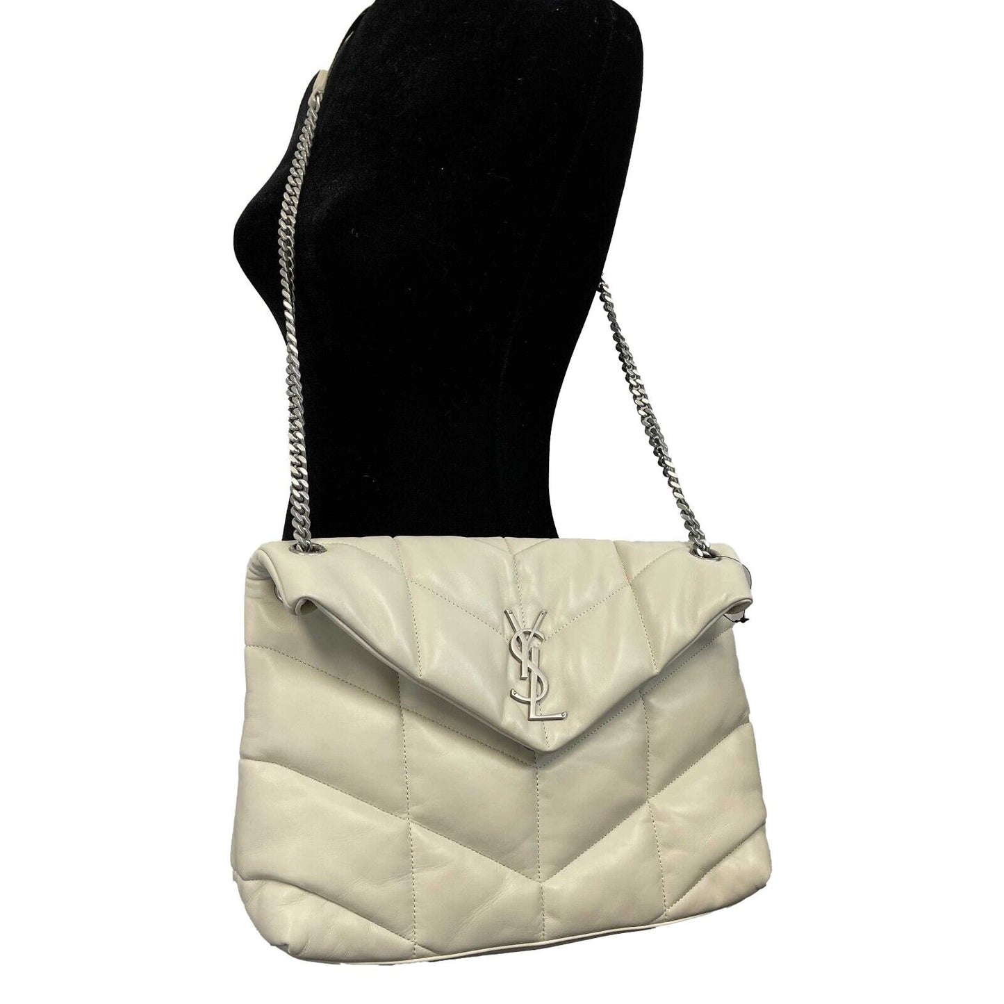 Saint Laurent - White Puffer Medium Chain Bag in Quilted Lambskin Shoulder Bag