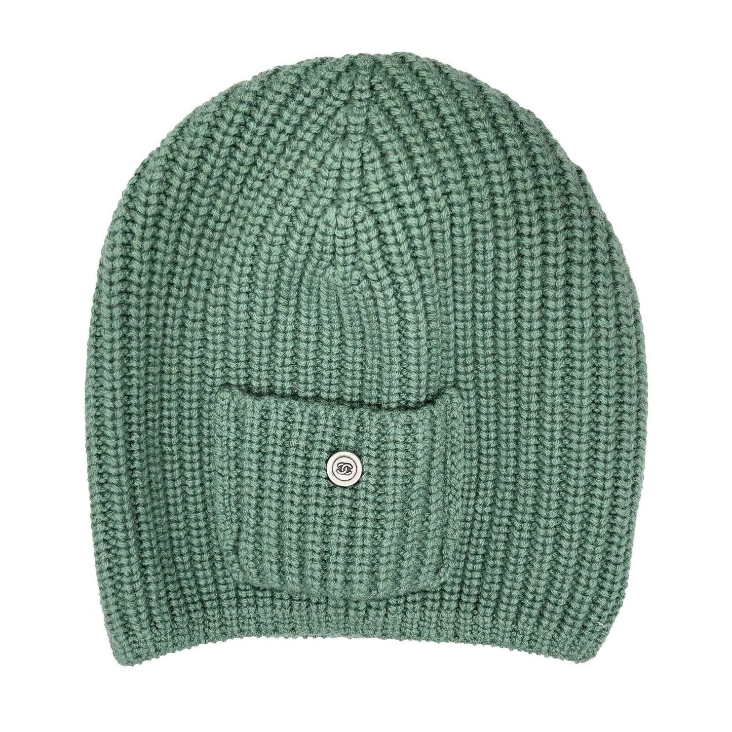 CHANEL - Cashmere Knitted Green Beanie - Patch Pocket w/ Silver CC Button - XS