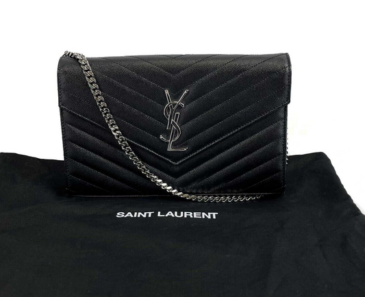 Saint Laurent - Wallet on Chain Matelasse Chevron Leather Medium Black Crossbody