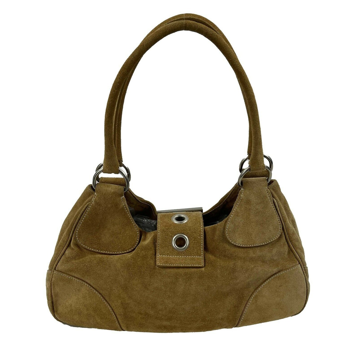 Prada - Large Camel / Silver Suede Belt Shoulder Bag / Buckle Closure