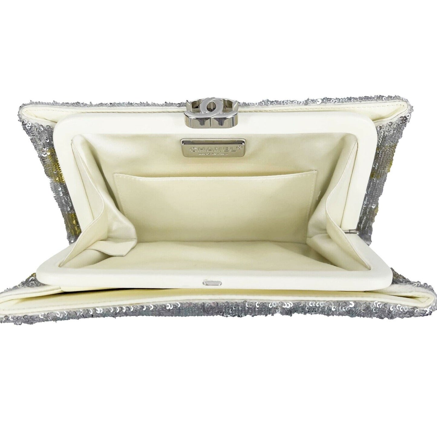 CHANEL - La Pausa Small Embroidered Satin Silver Sequin Clutch Bag