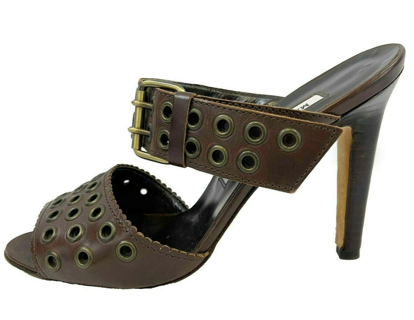 Manolo Blahnik - Leather Peep Toe Buckle Heeled Sandal - Brown - 36.5 US 6.5