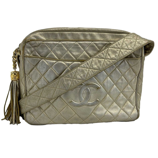 CHANEL - 90's CC Gold Leather Vintage Crossbody /Shoulder Bag W/ Tassel