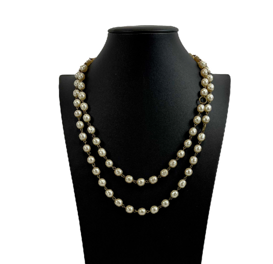 CHANEL - Vintage 1981 Pearl / Gold Long Chain Bead Layering Necklace
