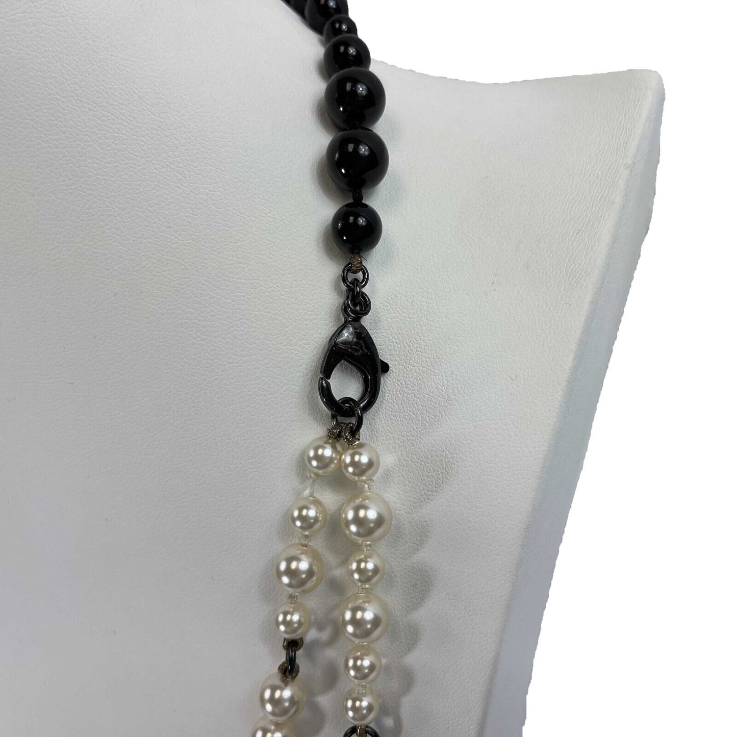 CHANEL - CC Logo Charm Black White Pearl Layered Necklace