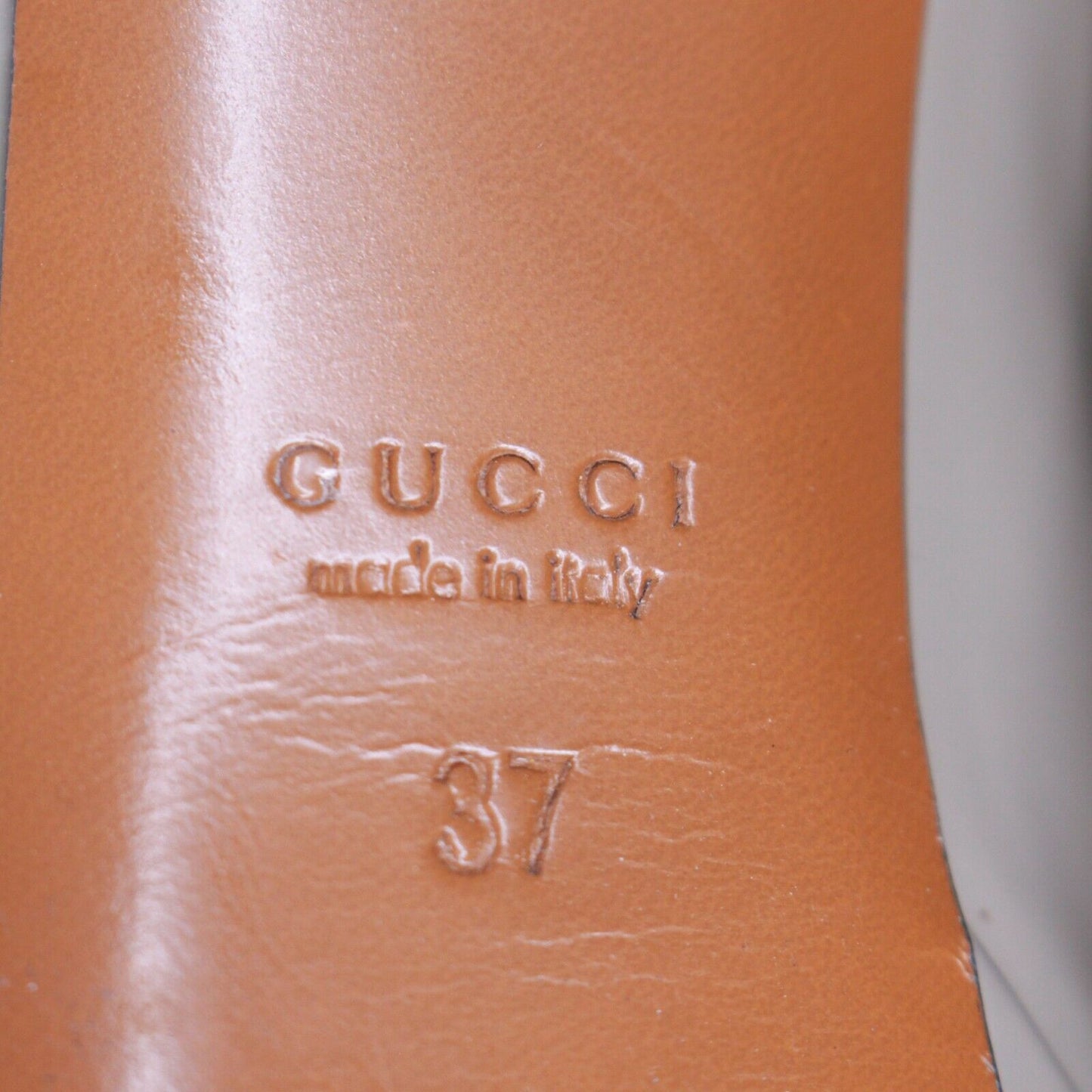 Gucci Fango Stiletto Heels Taupe Patent Leather Peep Toe Pump - 37 US 7