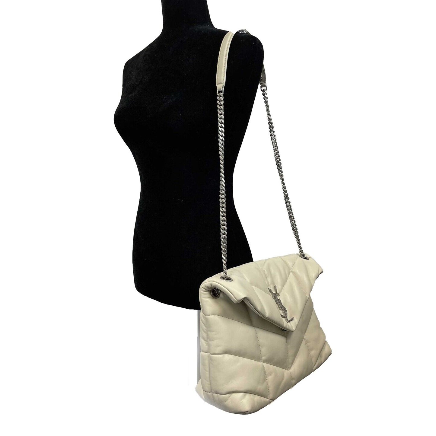 Saint Laurent - White Puffer Medium Chain Bag in Quilted Lambskin Shoulder Bag