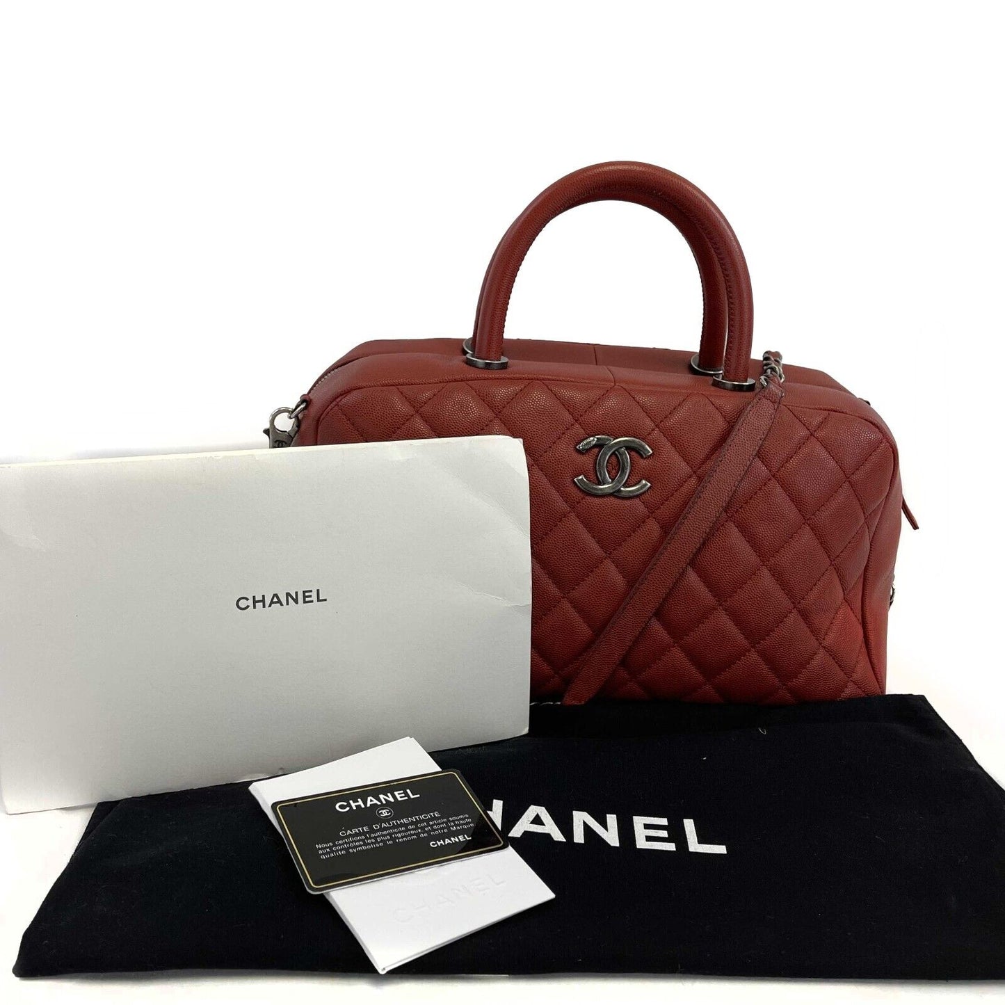 CHANEL - Sac Bowling Bag in Red Caviar Leather - Top Handle W/ Shoulder Strap