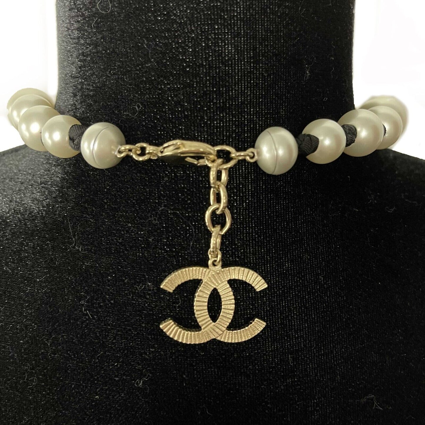 CHANEL - 2016 Jumbo Pearl CC Necklace - Long White / Black / Champaign Gold