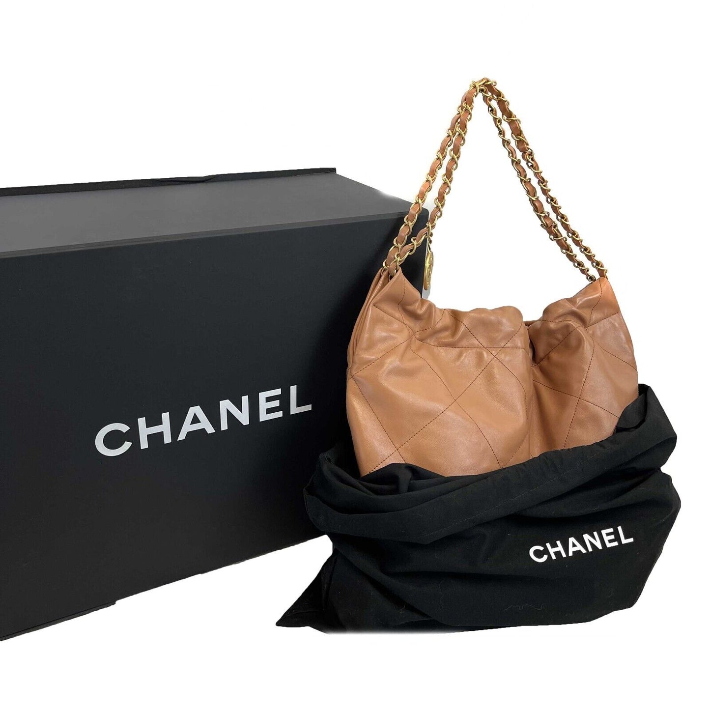 Chanel - 22 bag quilted Calfskin Drawstring Hobo - Caramel Shoulder Bag