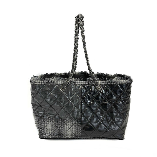 CHANEL - Vinyl Quilted Funny Tweed Tote Grey Silver Patchwork Shoulder Bag