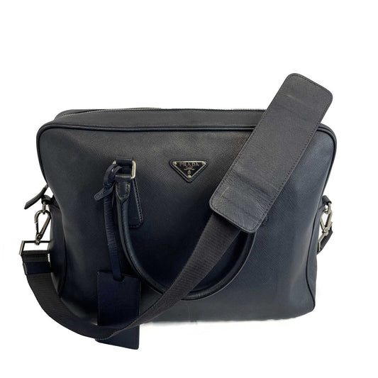PRADA - Navy Saffiano Leather Bauletto Top Handle / Briefcase w/ Shoulder Strap