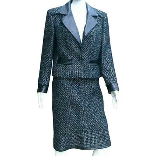 Chanel 02A Leather Trim Tweed Jacket/Skirt Suit Set - Navy Multi Metallic US L