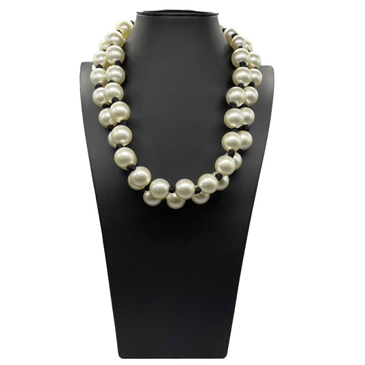 CHANEL - 2016 Jumbo Pearl CC Necklace - Long White / Black / Champaign Gold