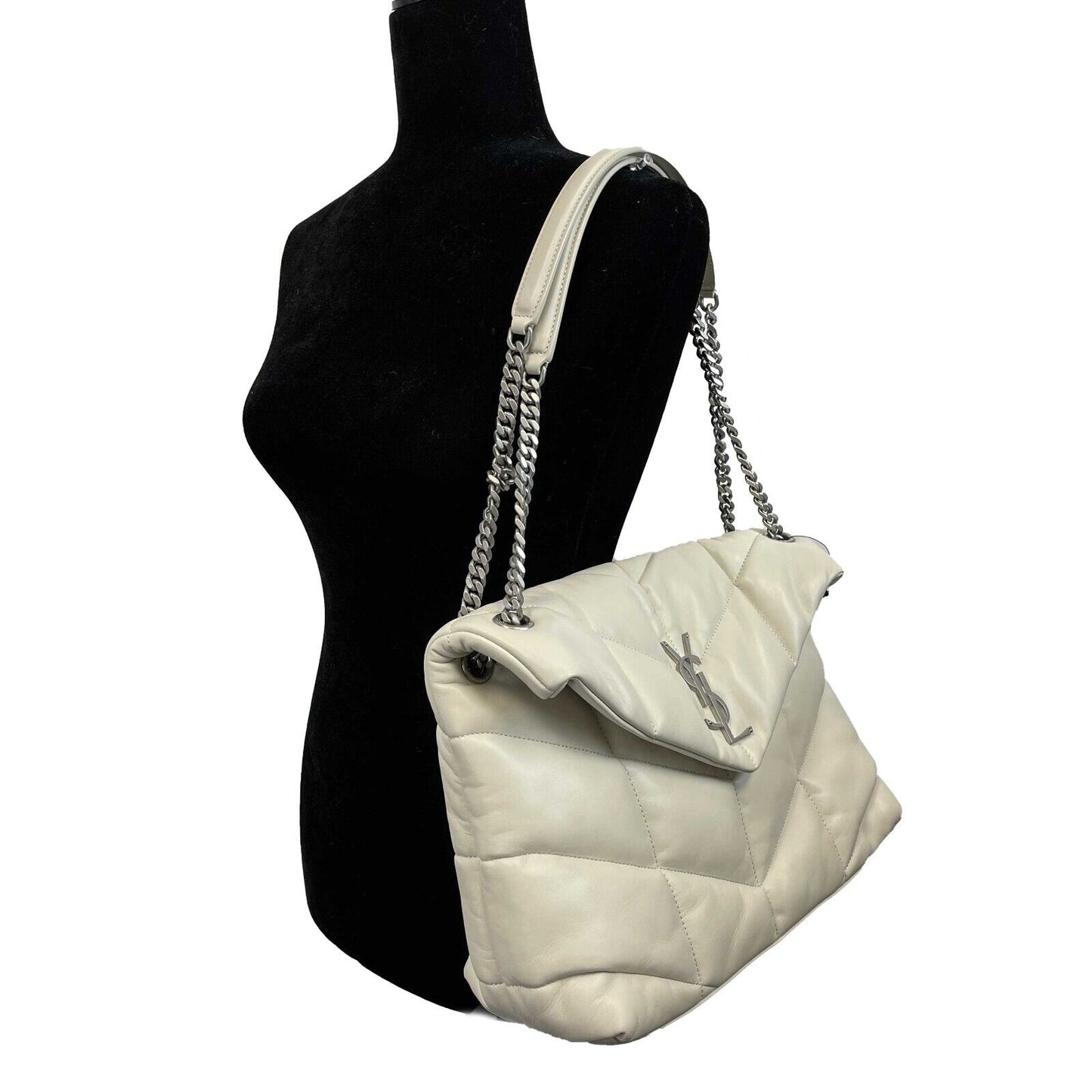 Saint Laurent - White Puffer Medium Chain Bag in Quilted Lambskin Shoulder Bag