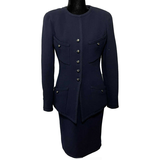 CHANEL - Vintage Navy Suit CC Buttons - Jacket / Skirt Set 40 US 8