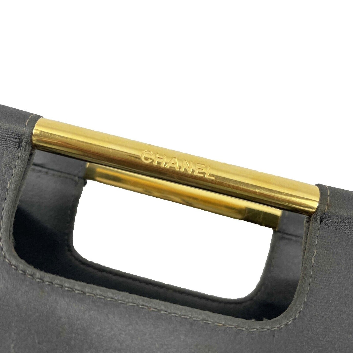 CHANEL - Vintage Satin / Leather Carry Clutch - Dark Grey / Gold Handbag