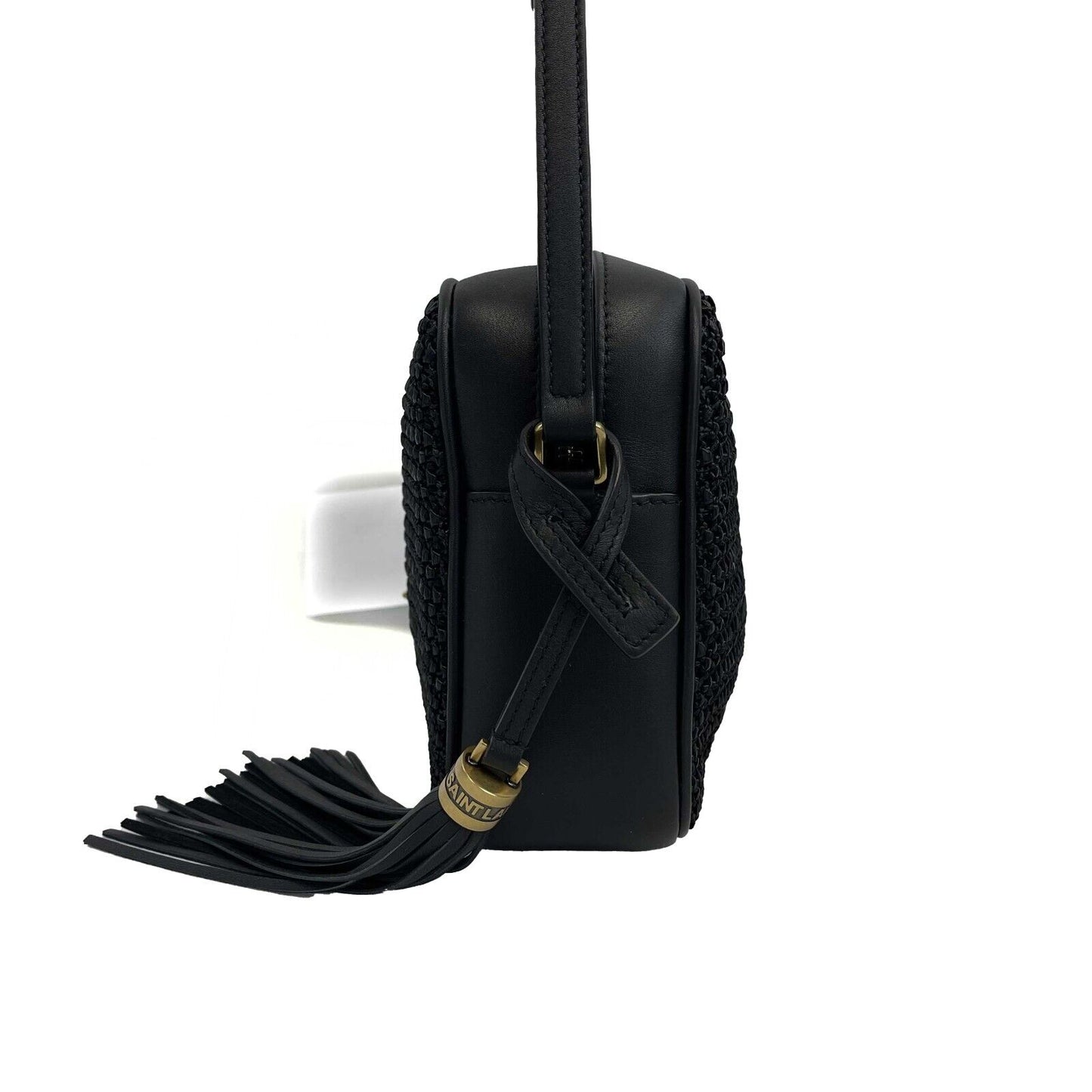 Saint Laurent - Black Raffia Paneled Lou Medium Camera Bag / Crossbody
