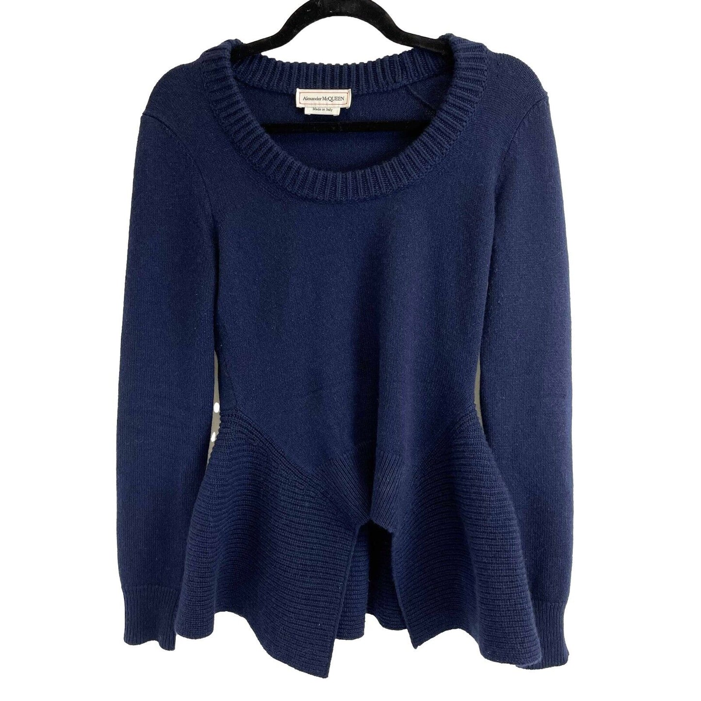 Alexander McQueen -Navy knit peplum Crew Neck Sweater - Navy Blue - Size S