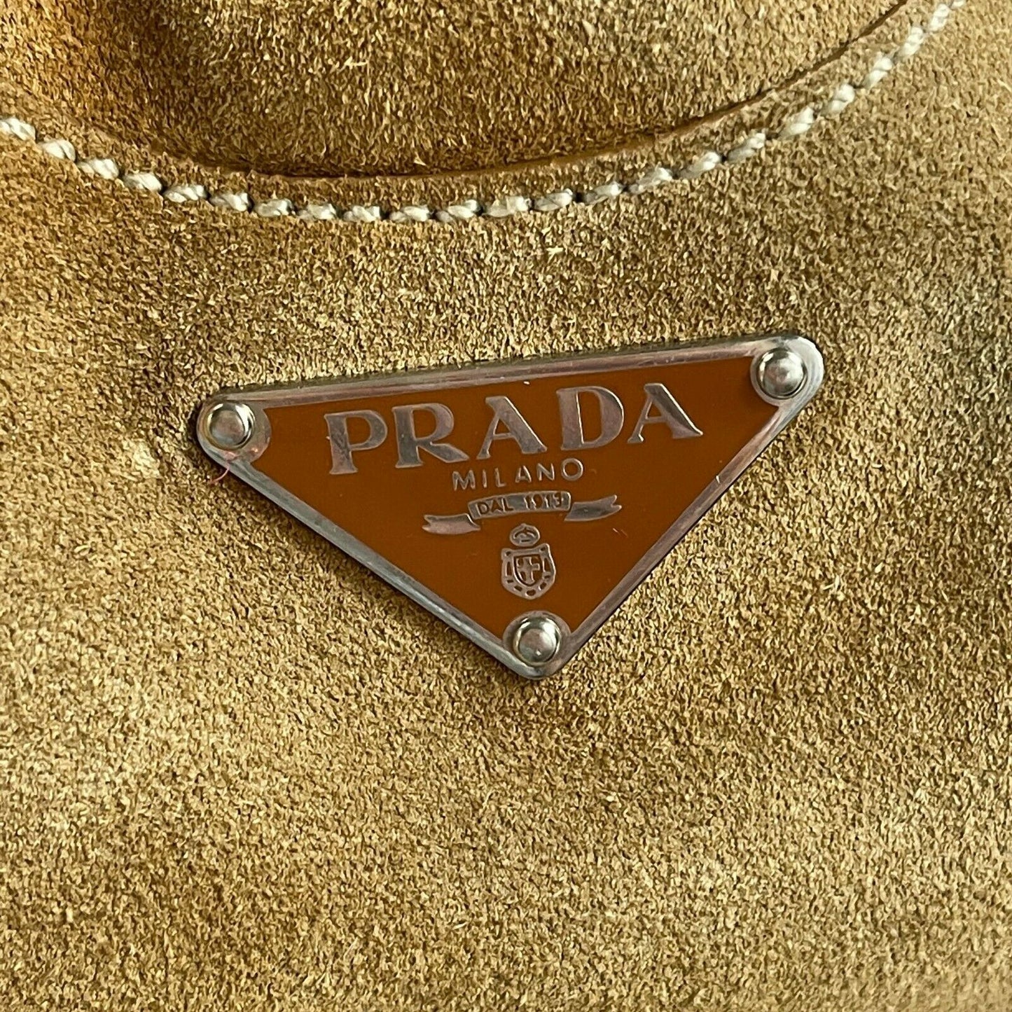 Prada - Large Camel / Silver Suede Belt Shoulder Bag / Buckle Closure