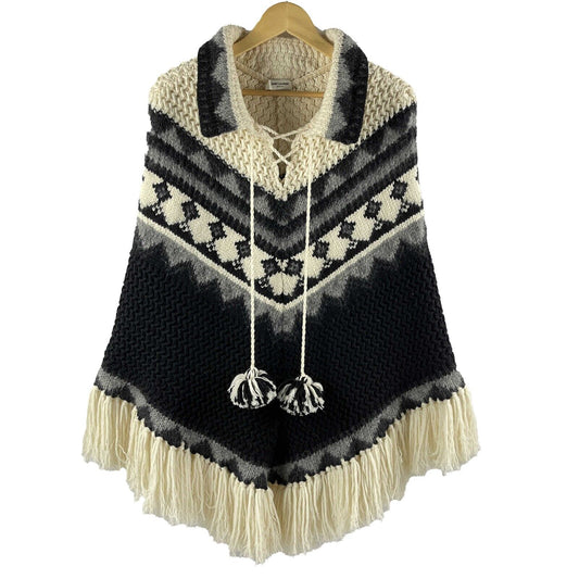 Saint Laurent - YSL - Fringe Knit Pom Pom Tassel Poncho - XS S M