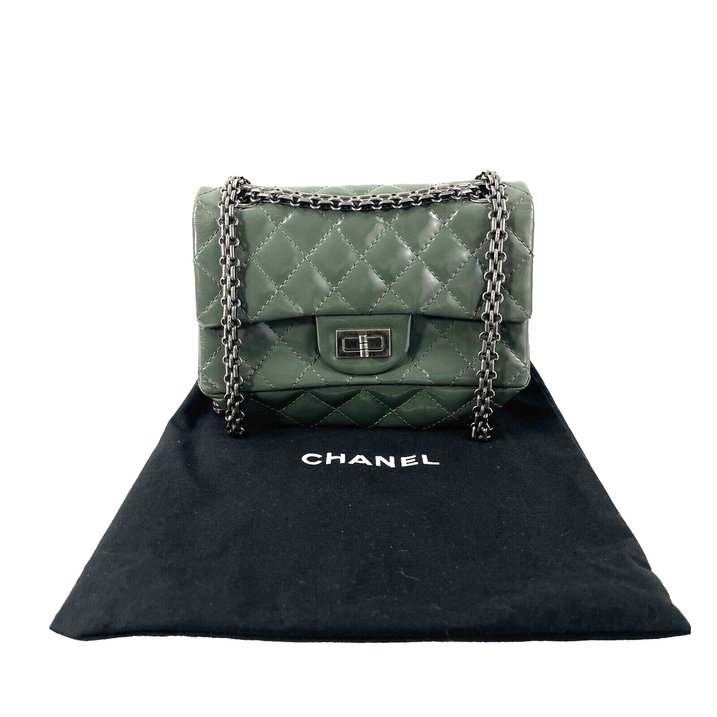 CHANEL Patent Quilted Small Accordion Reissue 2.55 Flap - Olive Green Crossbody