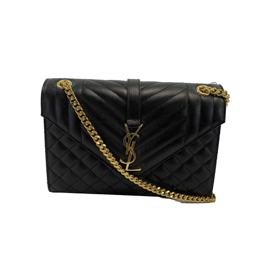 Saint Laurent Black Medium Triquilt Envelope Chain Grain de Poudre Shoulder Bag