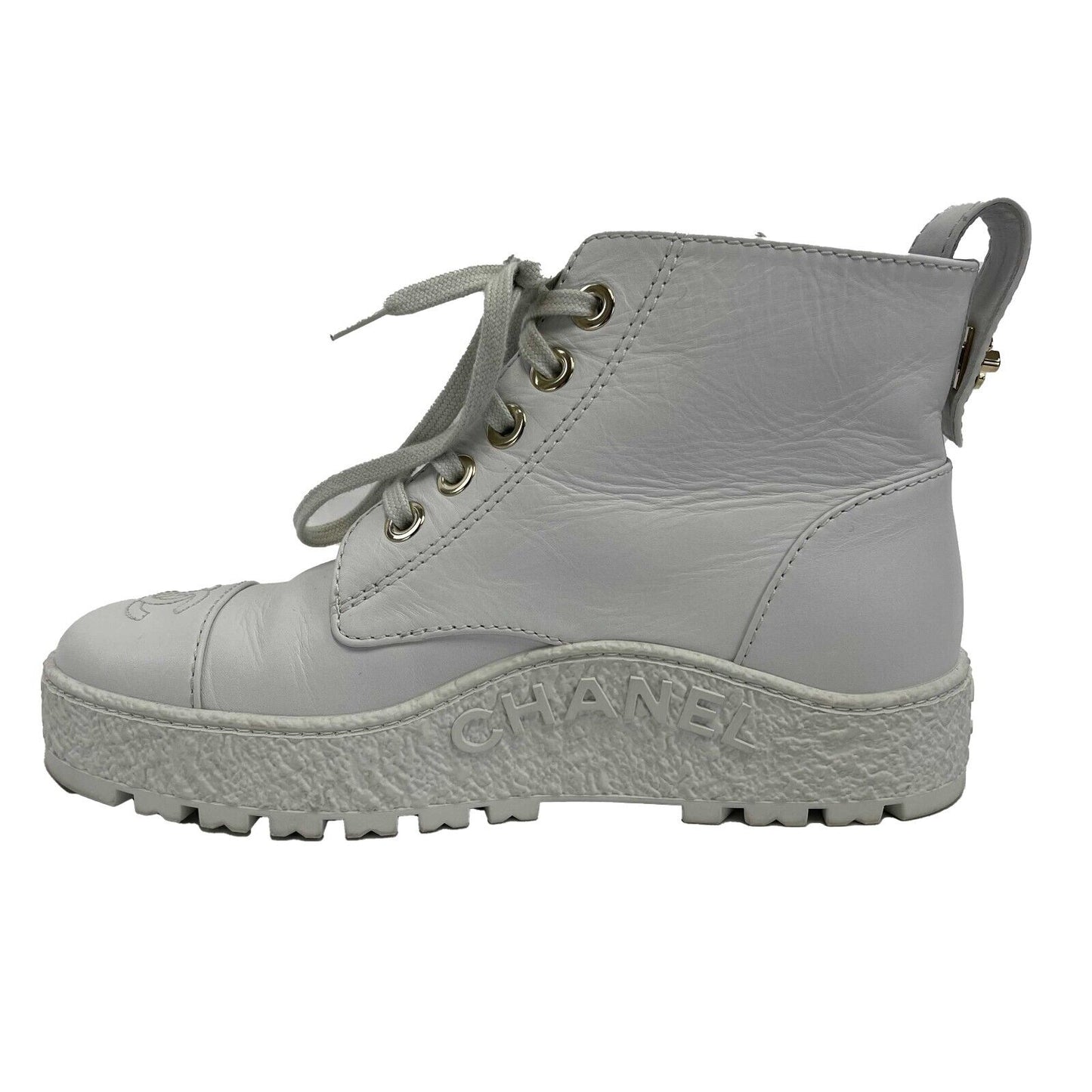 Chanel- CC Leather 21B Ultra Rare Combat Boots Size 37 US 7