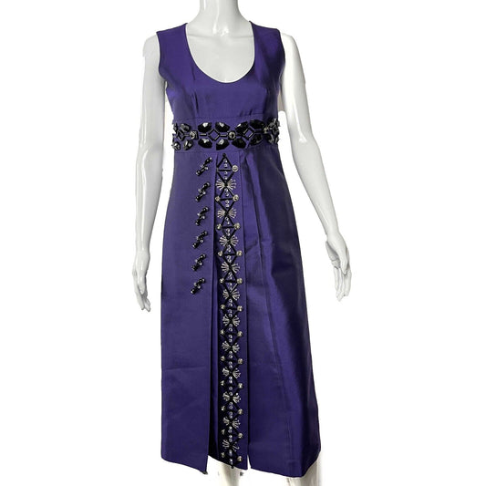 PRADA - Beaded Detail A-Line Purple Satin-like Sleeveless Midi Dress