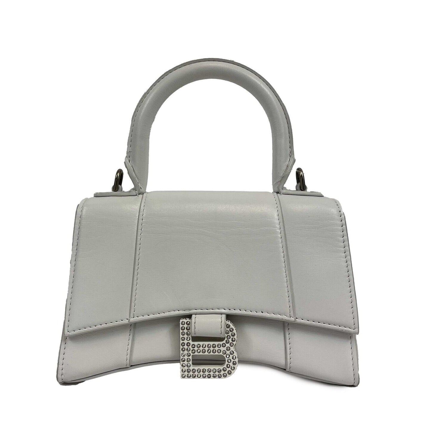 Balenciaga - Hourglass Crystal Logo Leather Top Handle Bag XS - White Crossbody