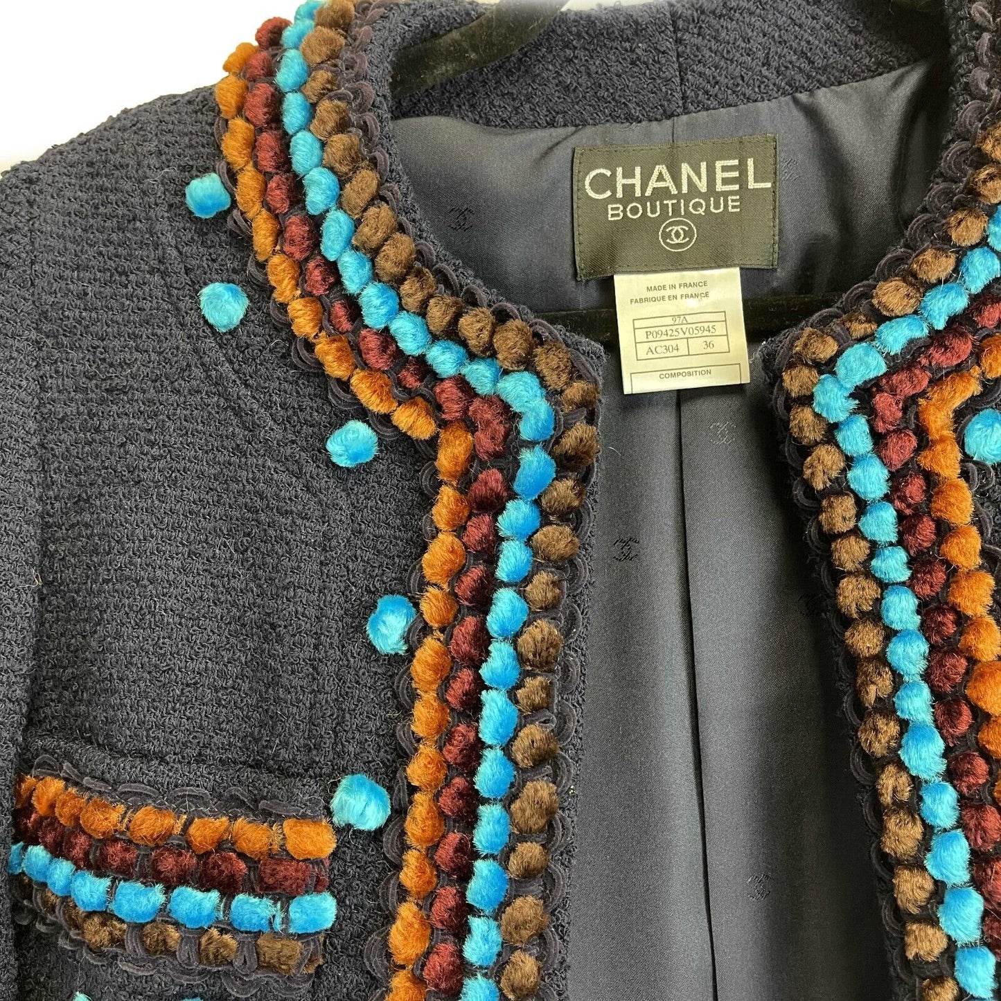 CHANEL - 97A VINTAGE Collectors Navy Popcorn Jacket 36 US 4 Coat Blazer
