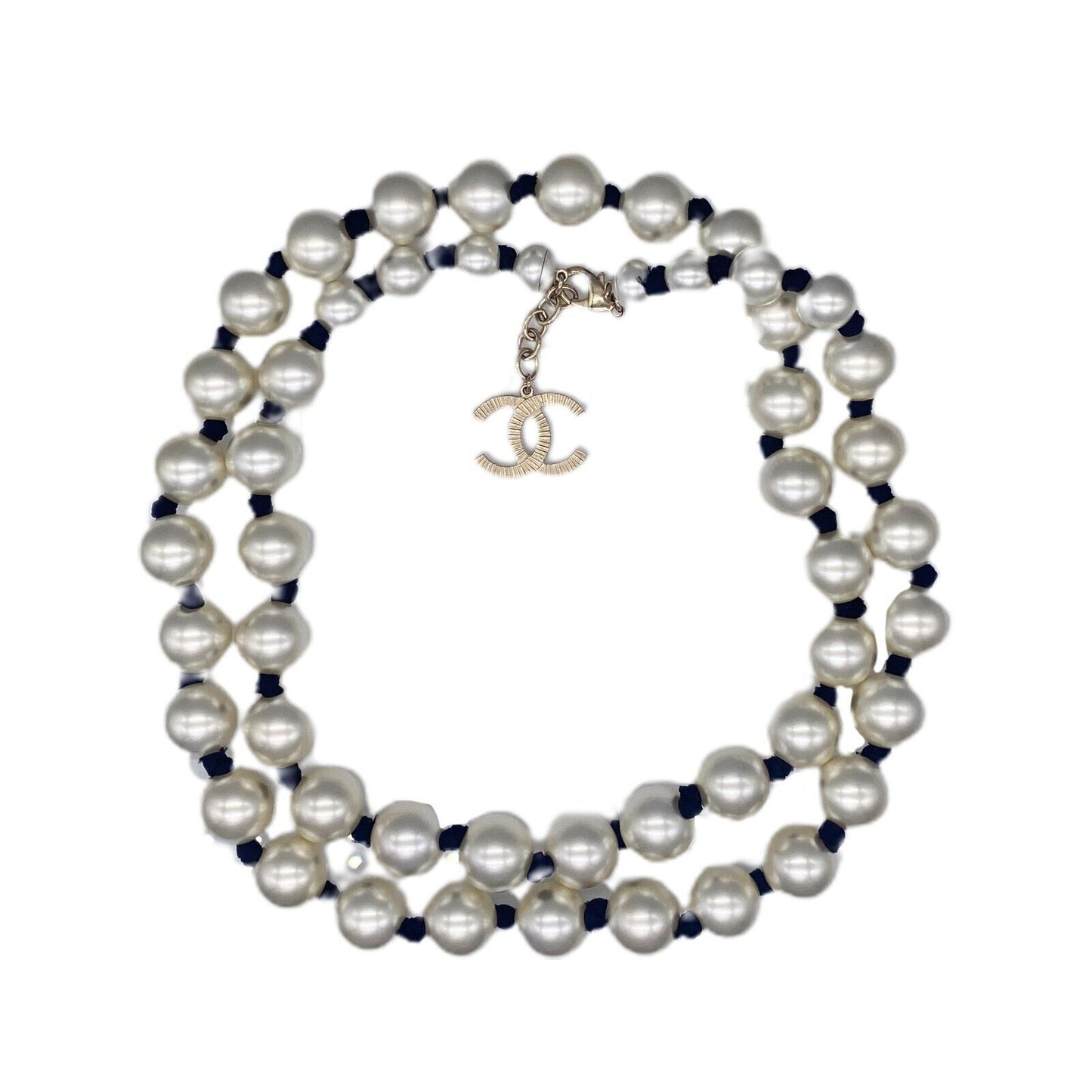 CHANEL - 2016 Jumbo Pearl CC Necklace - Long White / Black / Champaign Gold