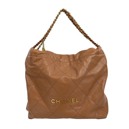 Chanel - 22 bag quilted Calfskin Drawstring Hobo - Caramel Shoulder Bag