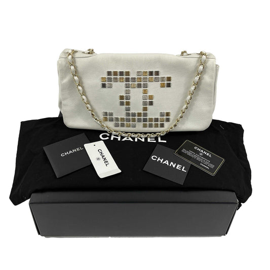 CHANEL - 09C White Mosaic Metal East West Calfskin Flap Crossbody / Shoulder Bag