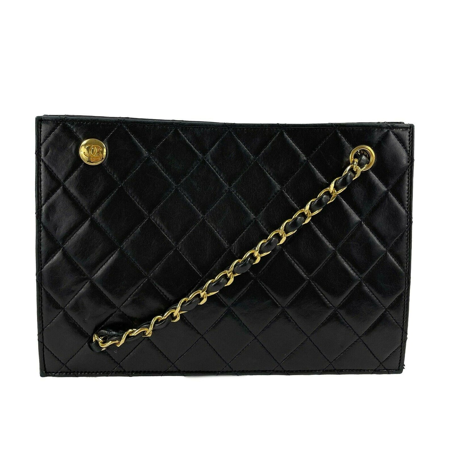 CHANEL - 80s Quilted Black / Gold Chain Threaded Small Lambskin Crossbody