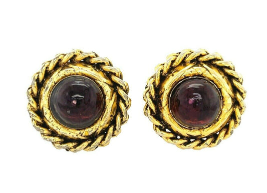 CHANEL - Vintage 1985 Clip On Gripoix Glass / Gold-Tone Red Earrings