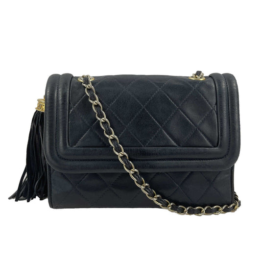 CHANEL - 1990s Diamond Quilted Navy CC Tassel Small Shoulder Bag / Crossbody