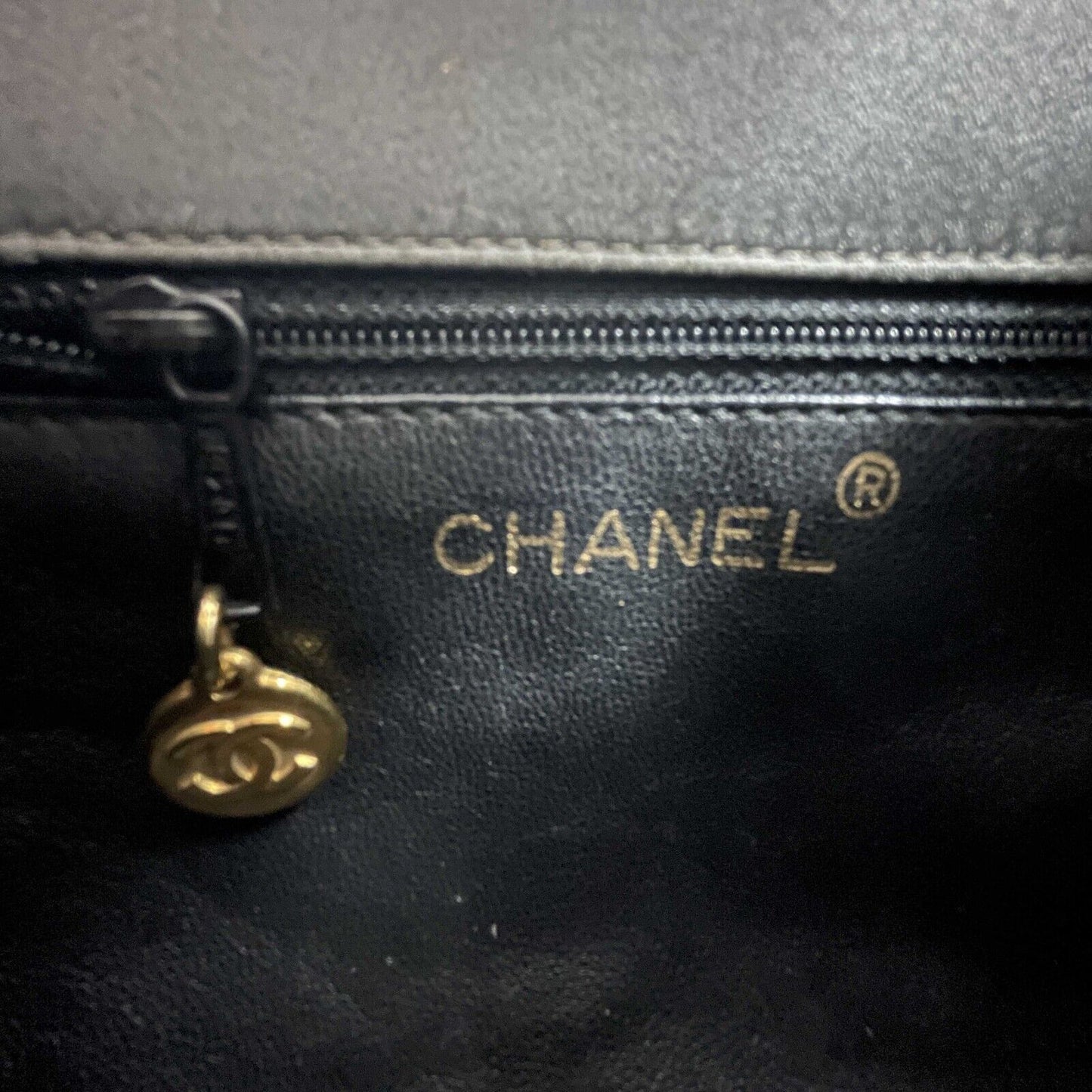 CHANEL - Vintage Satin / Leather Carry Clutch - Dark Grey / Gold Handbag