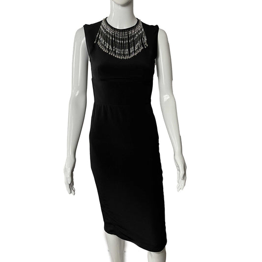 PRADA - Beaded Fringe Sheath Midi Dress - Black / Clear and Silver Beads
