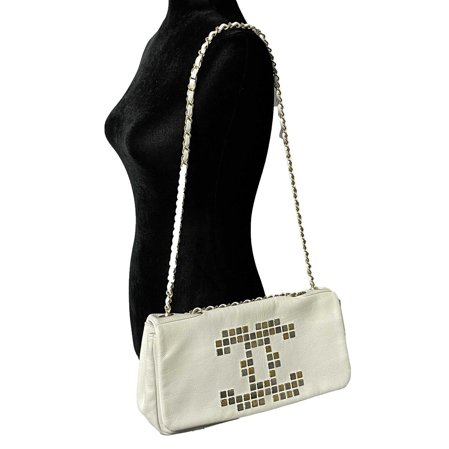 CHANEL - 09C White Mosaic Metal East West Calfskin Flap Crossbody / Shoulder Bag