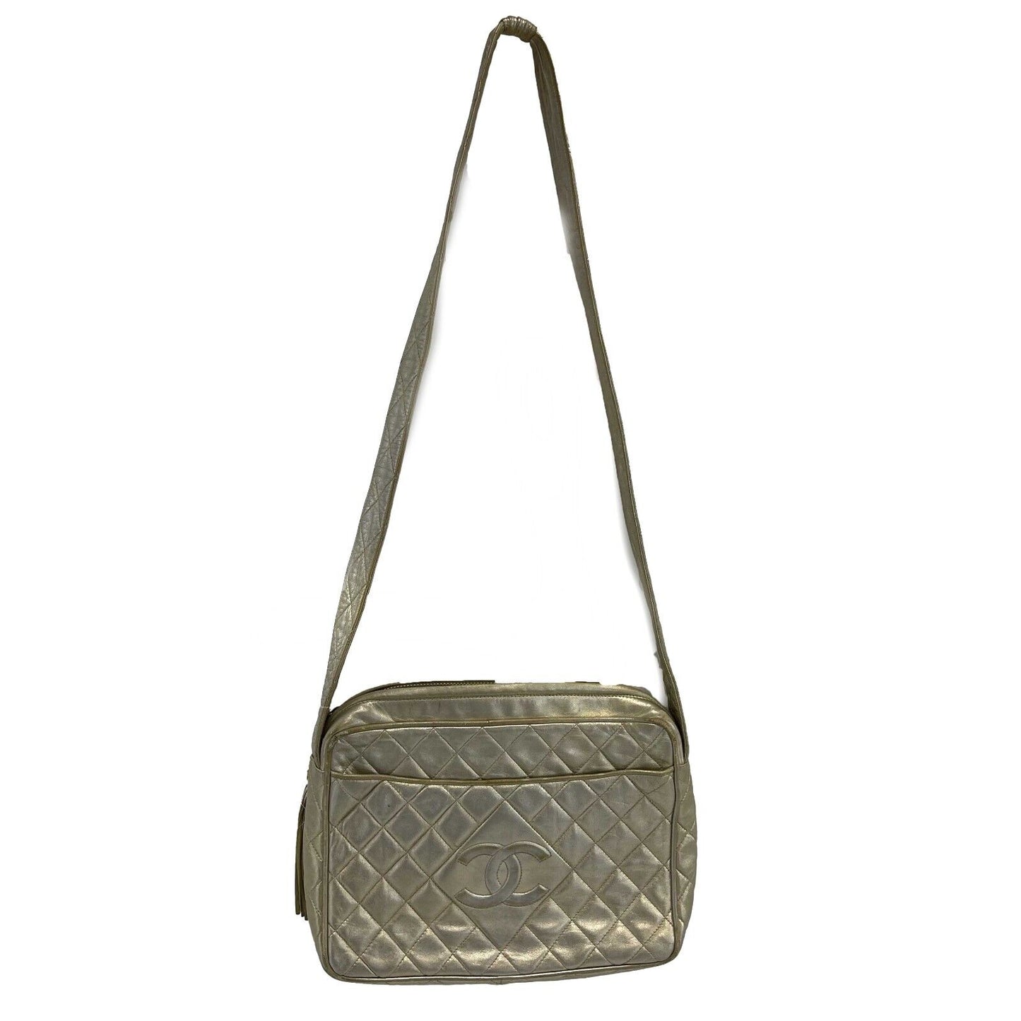 CHANEL - 90's CC Gold Leather Vintage Crossbody /Shoulder Bag W/ Tassel